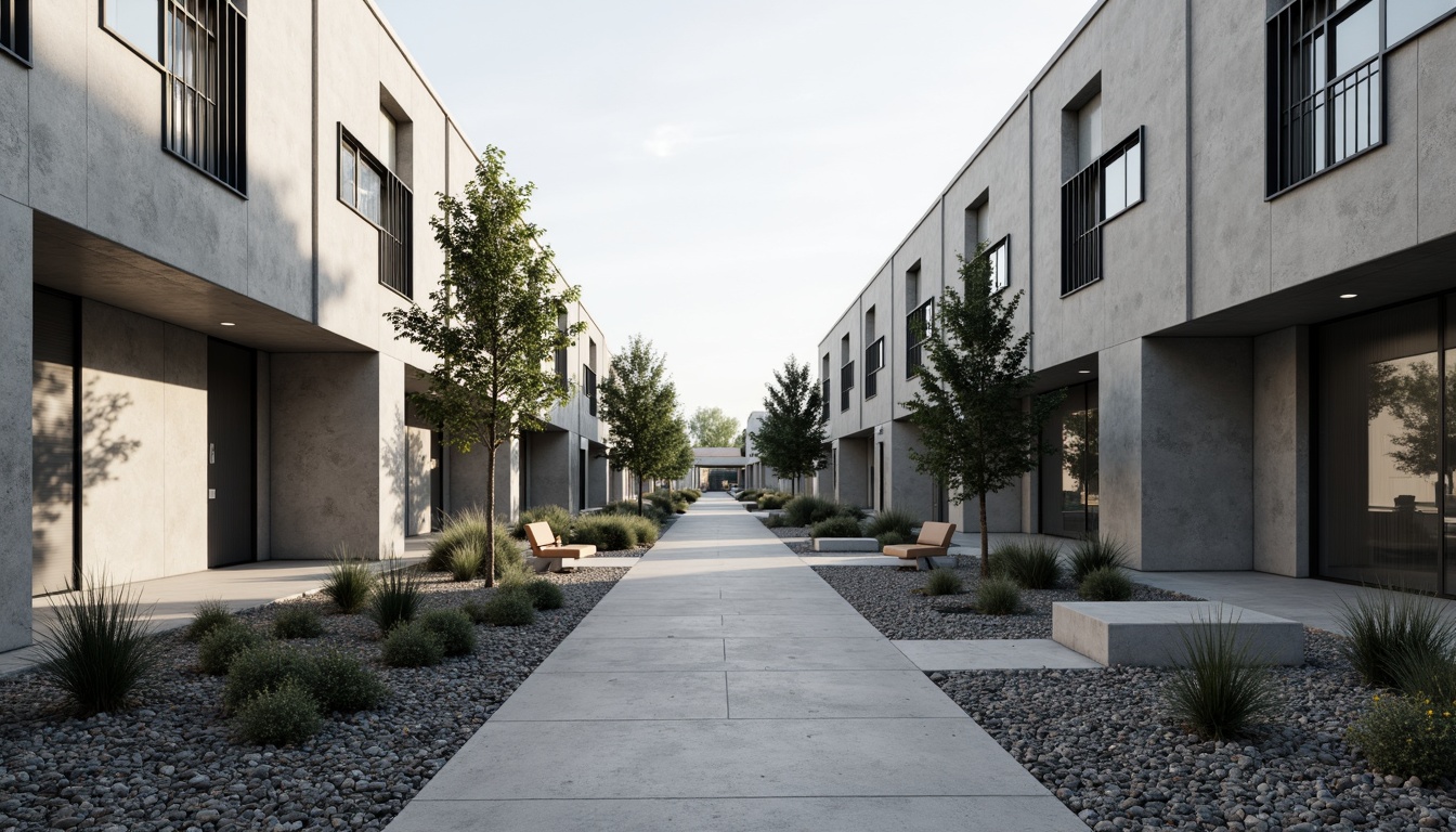 Prompt: Simple industrial buildings, clean lines, monochromatic color scheme, concrete walls, steel frames, minimalist signage, functional landscaping, low-maintenance plants, gravel pathways, industrial-style lighting, sparse tree placement, open spaces, natural stone accents, modern benches, subtle textures, 1/1 composition, softbox lighting, cinematic atmosphere.