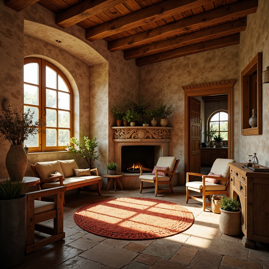 Prompt: Warm earthy tones, rustic stone walls, arched windows, ornate carvings, clay roof tiles, golden lighting, rich wood accents, vintage metalwork, distressed finishes, natural fabrics, earthy reds, mossy greens, weathered browns, creamy whites, soft warm illumination, high contrast shadows, 1/2 composition, atmospheric perspective, realistic texture mapping.