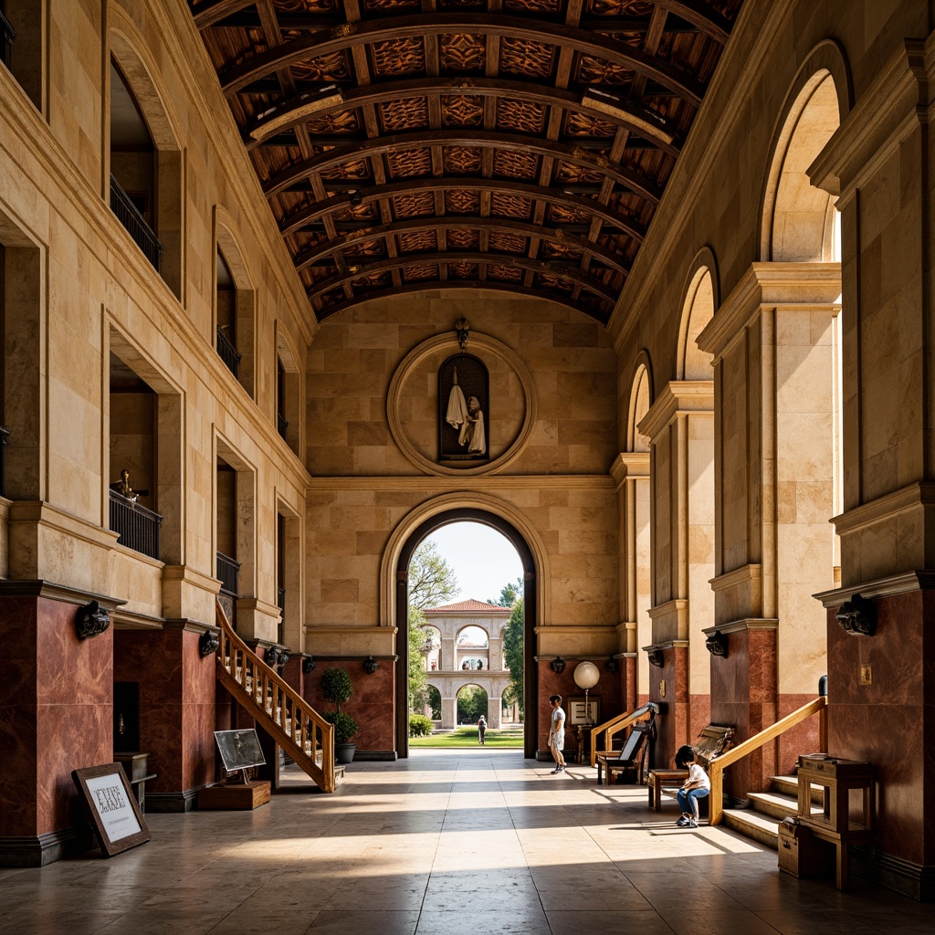 Prompt: Grand Renaissance-style gymnasium, imposing arches, vaulted ceilings, ornate columns, rusticated walls, terracotta roof tiles, classic Italianate fa\u00e7ade, symmetrical composition, grand entrance portal, elegant staircases, polished marble floors, wooden sports equipment, vintage athletic artifacts, warm golden lighting, shallow depth of field, 1/1 composition, realistic textures, ambient occlusion.