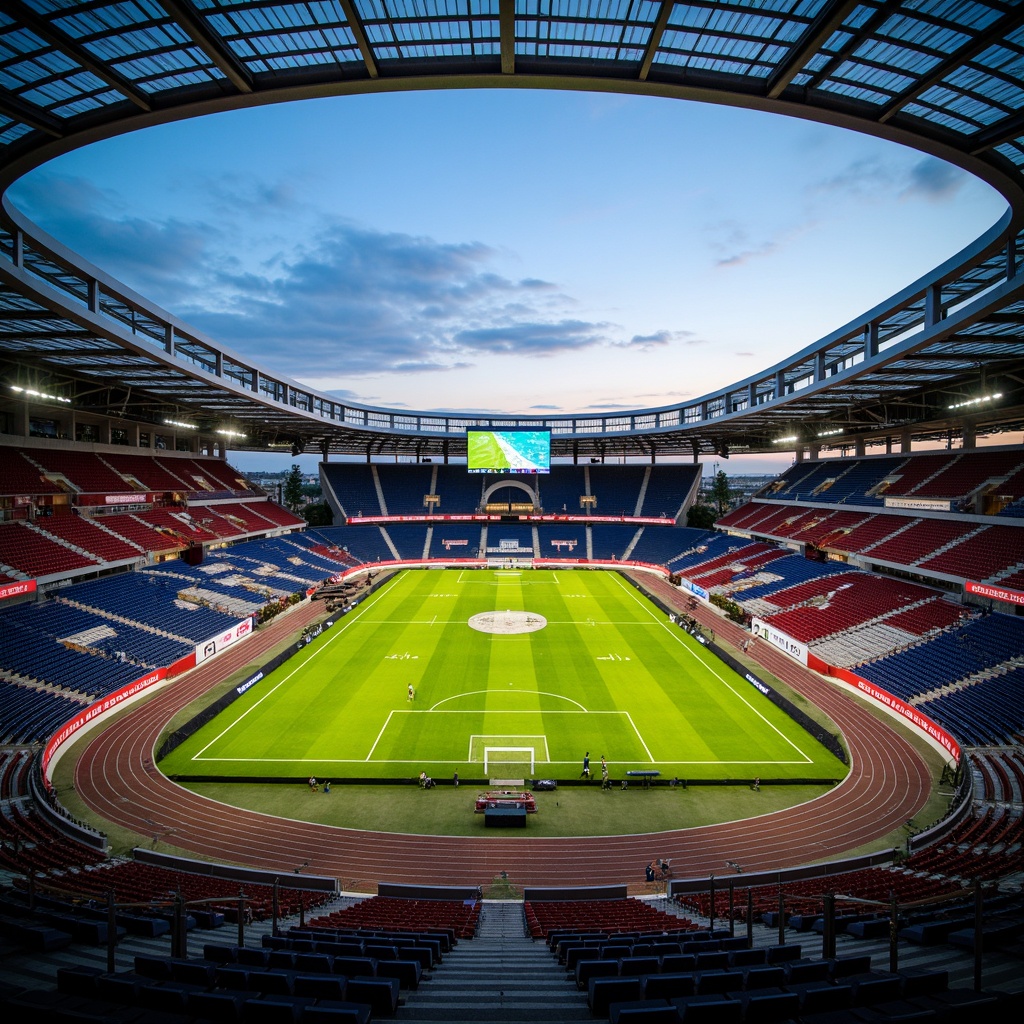 Prompt: Elegant football stadium, lush green grass, vibrant team colors, sleek metal bleachers, modern architecture, curved lines, grandstand seating, athletic tracks, scoreboard displays, floodlighting, evening atmosphere, soft warm glow, shallow depth of field, 3/4 composition, panoramic view, realistic textures, ambient occlusion.