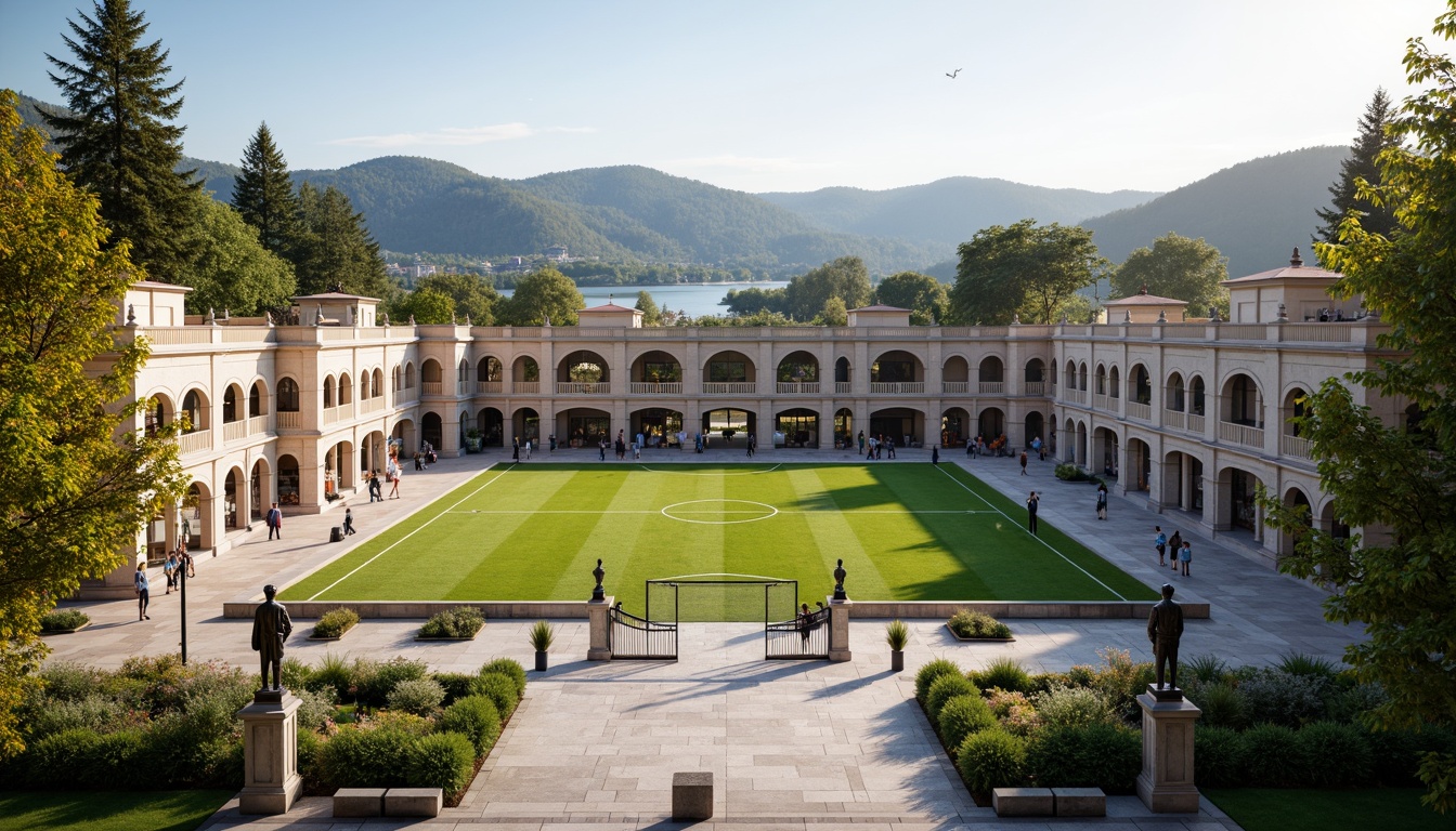 Prompt: Elegant soccer stadium, symmetrical fa\u00e7ade, grand arches, ornate details, lush greenery, rolling hills, serene lake views, tranquil surroundings, classic columns, marble flooring, intricate stonework, majestic entrance gates, bronze statues, warm afternoon light, soft shadows, 1/1 composition, panoramic view, realistic textures, ambient occlusion.