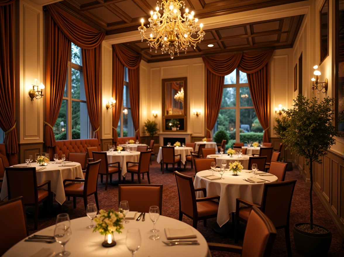 Prompt: Elegant dining hall, warm beige walls, rich wooden furniture, luxurious velvet curtains, soft golden lighting, ornate chandeliers, refined crystal glassware, sophisticated silverware, lavish flower arrangements, classic white tablecloths, comfortable cushioned chairs, intimate atmosphere, subtle earthy tones, inviting aroma, warm candlelight, 1/2 composition, shallow depth of field, realistic textures.