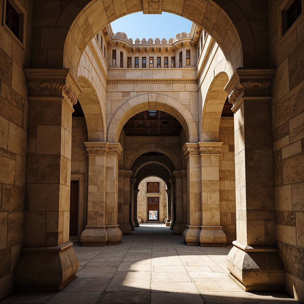 Prompt: Ancient stone structures, monumental architecture, sturdy buttresses, robust arches, intricate carvings, weathered stonework, historic landmarks, ornate facades, grandiose entrances, rusticated bases, tapered columns, symmetrical compositions, dramatic shadows, warm golden lighting, atmospheric perspective, 1/2 composition, realistic textures, ambient occlusion.