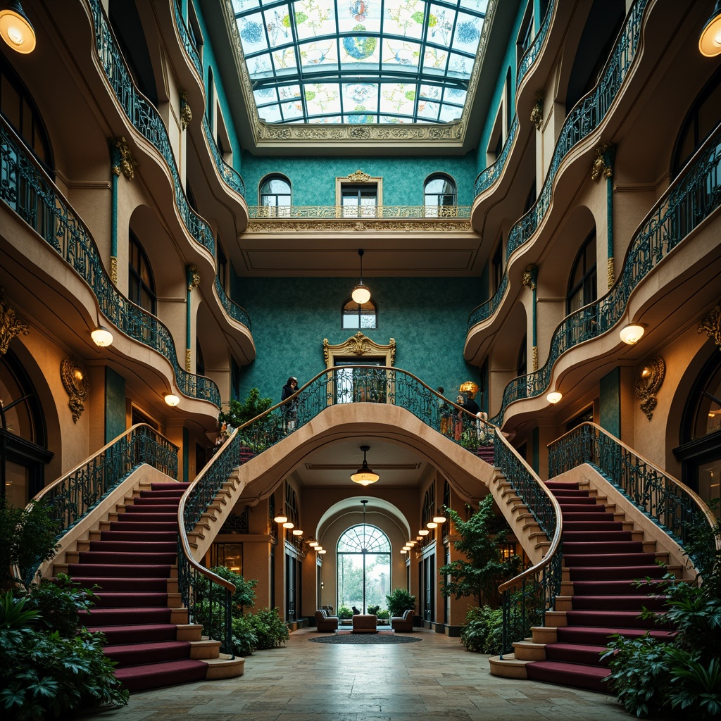 Prompt: Intricate Art Nouveau student halls, ornate ironwork, flowing organic lines, vibrant turquoise accents, stained glass windows, sinuous balconies, grand staircases, luxurious velvet fabrics, rich wood paneling, gilded moldings, soft warm lighting, atmospheric mist, shallow depth of field, 1/1 composition, realistic textures, ambient occlusion.