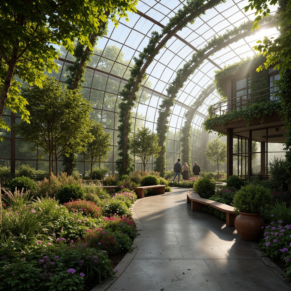 Prompt: Lush greenery, transparent glass roofs, curved steel frames, abundant natural light, warm sunlight, misty atmosphere, delicate vines, blooming flowers, rustic wooden benches, earthy terracotta pots, soft diffused lighting, shallow depth of field, 1/1 composition, panoramic view, realistic textures, ambient occlusion.