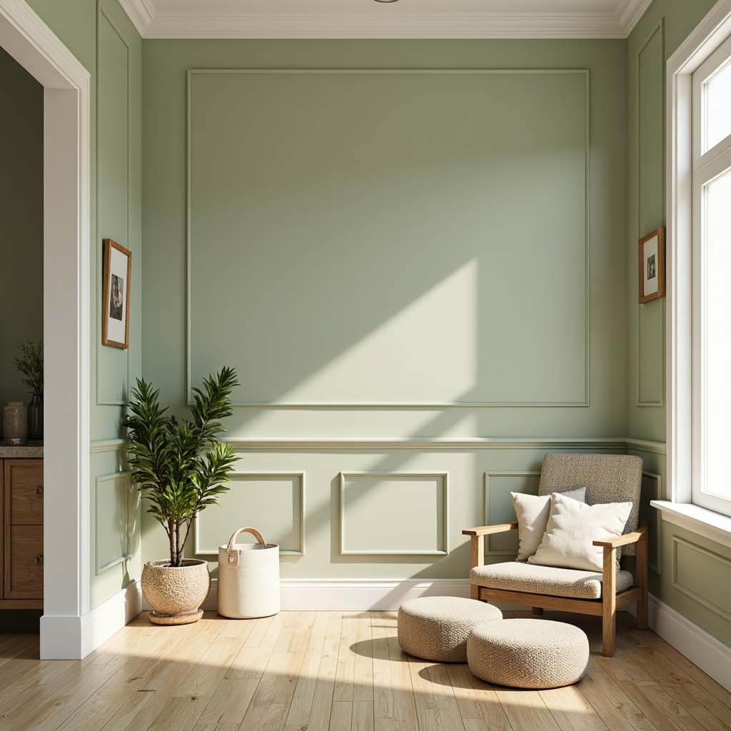 Prompt: Soft pale green walls, creamy white trim, warm beige floors, natural wood accents, minimalist decor, Scandinavian-inspired furniture, airy open spaces, abundant daylight, subtle shadows, gentle warm lighting, 1/2 composition, intimate atmosphere, realistic textures, ambient occlusion, serene ambiance.This prompt includes the main subject (pale green), its features (soft, pale), setting (walls, trim, floors, accents), environment (natural light, open spaces), and camera settings (gentle warm lighting, 1/2 composition). It also describes the atmosphere and mood of the scene.