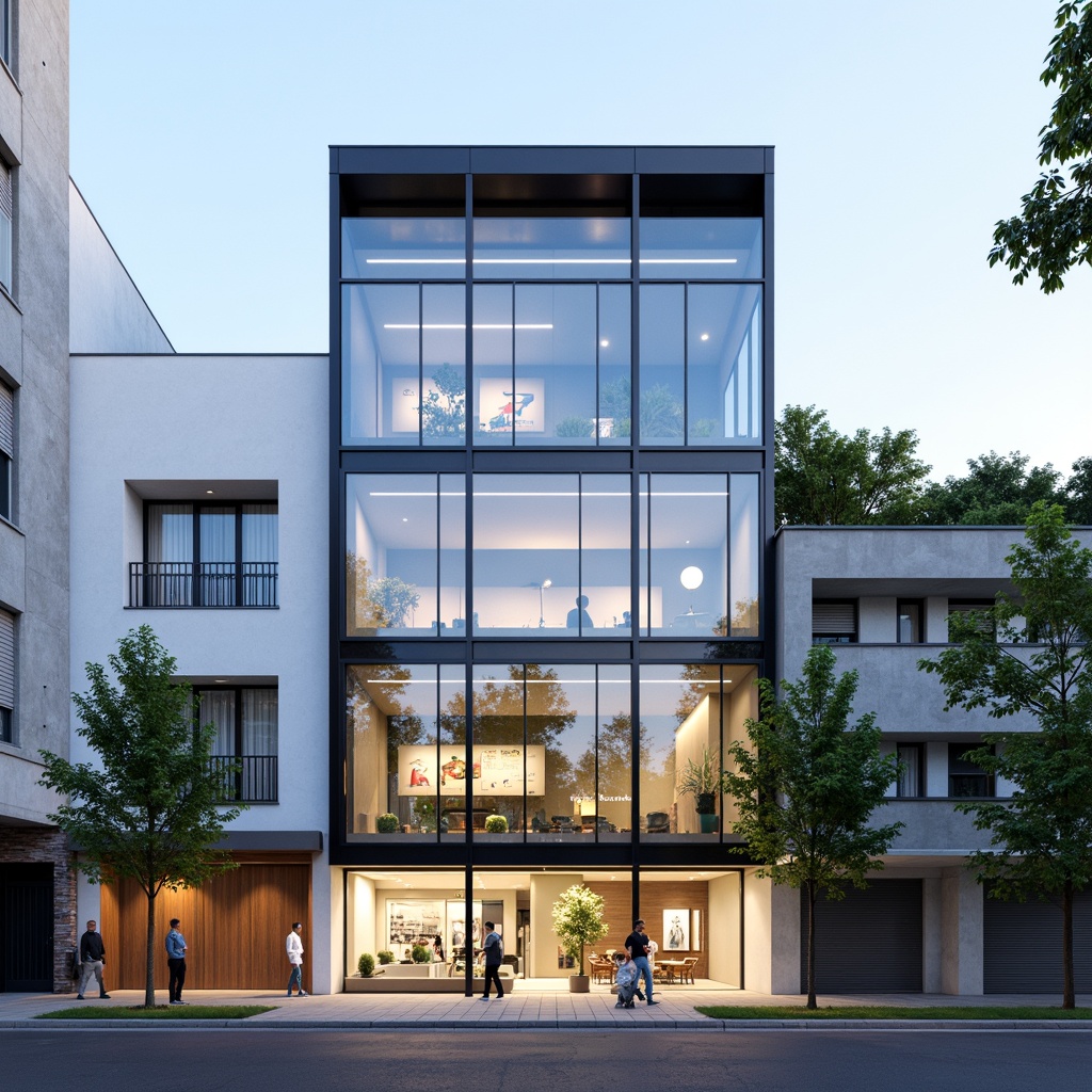 Prompt: Modern clinic facade, clean lines, minimalist aesthetic, large glass windows, steel frames, cantilevered rooflines, sleek metal accents, geometric shapes, flat roofs, urban cityscape, busy streets, morning light, soft natural lighting, 1/1 composition, shallow depth of field, realistic textures, ambient occlusion, neutral color palette, white walls, wooden doors, subtle signage, modern typography, medical equipment displays, patient waiting areas, green walls, living plants.