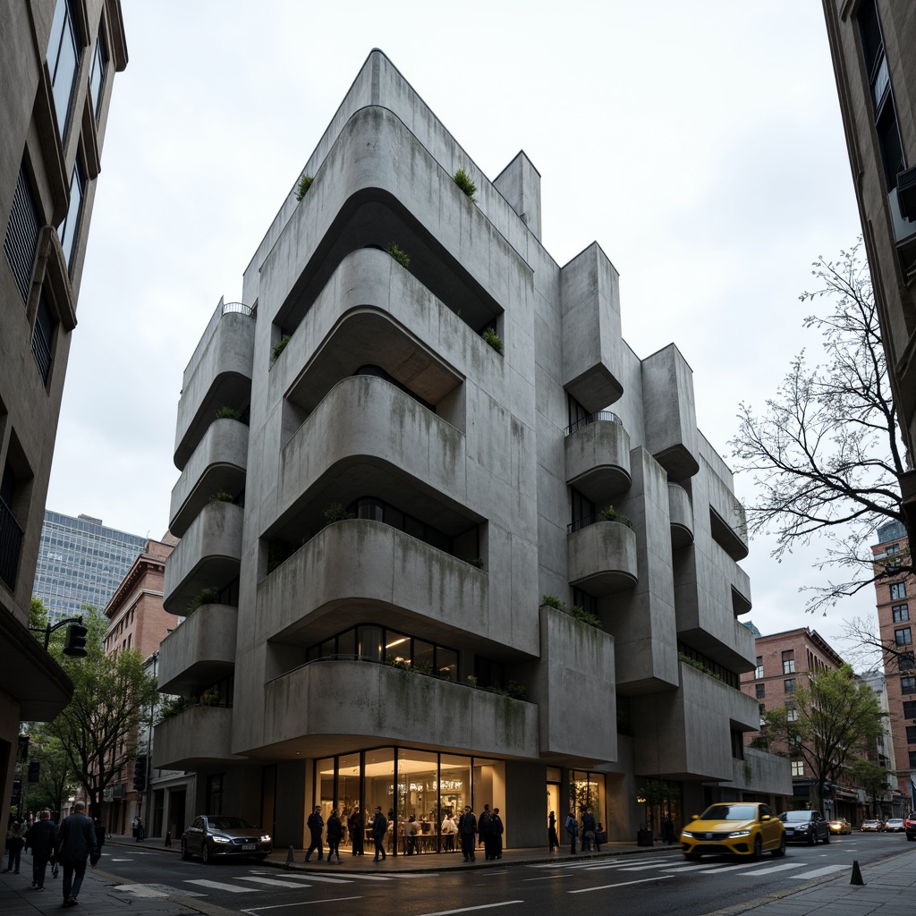 Prompt: Monolithic brutalist building, rugged concrete texture, imposing geometric shapes, fortress-like architecture, dramatic cantilevered forms, bold angular lines, minimalist ornamentation, raw industrial materials, urban cityscape, overcast sky, strong contrast lighting, low-angle photography, 2/3 composition, atmospheric perspective, detailed textures, subtle color palette.