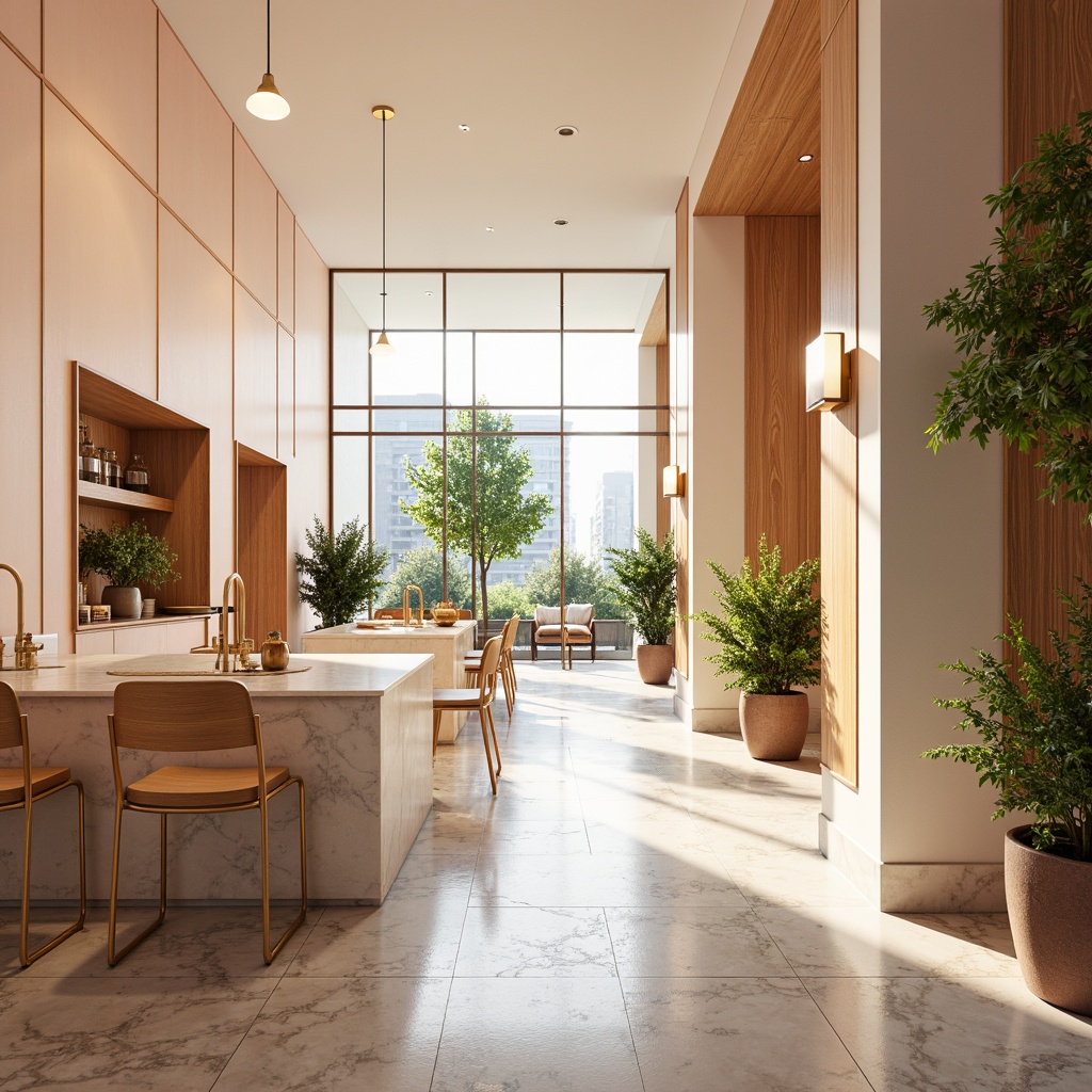 Prompt: Vibrant modern interior, pastel color scheme, soft peach tones, creamy whites, rich wood accents, metallic gold fixtures, elegant marble countertops, natural stone flooring, abundant greenery, floor-to-ceiling windows, bright warm lighting, shallow depth of field, 1/1 composition, realistic textures, ambient occlusion.