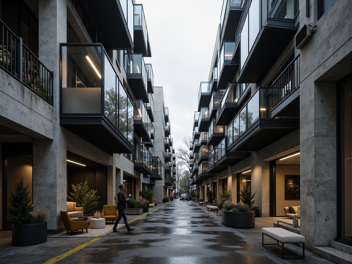 Prompt: Industrial apartment complex, brutalist architecture, polycarbonate facade, transparent walls, raw concrete columns, exposed ductwork, metallic beams, minimalist decor, functional furniture, urban cityscape, gritty alleyway, overcast sky, dramatic shadows, high-contrast lighting, 1/2 composition, wide-angle lens, realistic reflections, ambient occlusion.