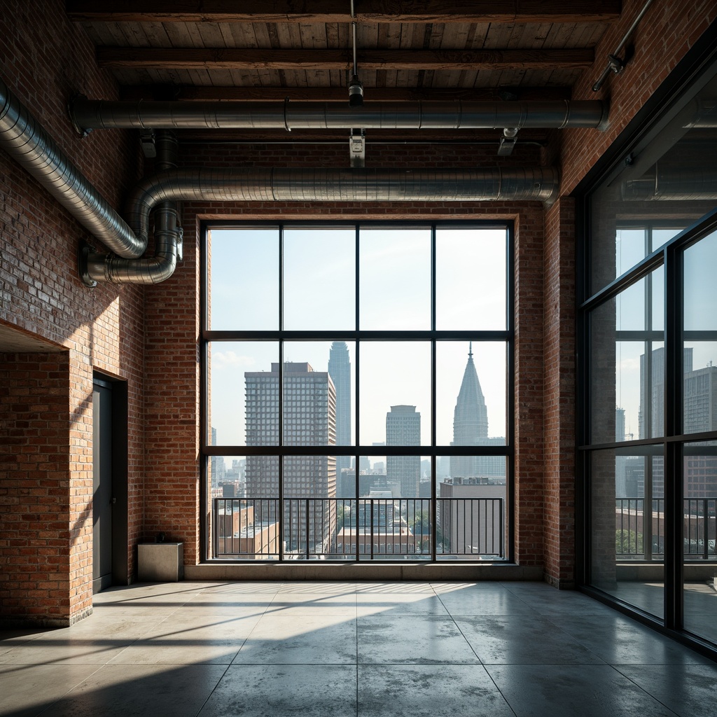 Prompt: Exposed brick walls, industrial pipes, metal beams, reclaimed wood accents, concrete floors, urban cityscape, modern skyscrapers, sleek glass facades, minimalist design, functional simplicity, exposed ductwork, steel frames, mechanical equipment, utilitarian chic, distressed finishes, neutral color palette, dramatic lighting, low-angle shots, cinematic composition, atmospheric haze, gritty textures.