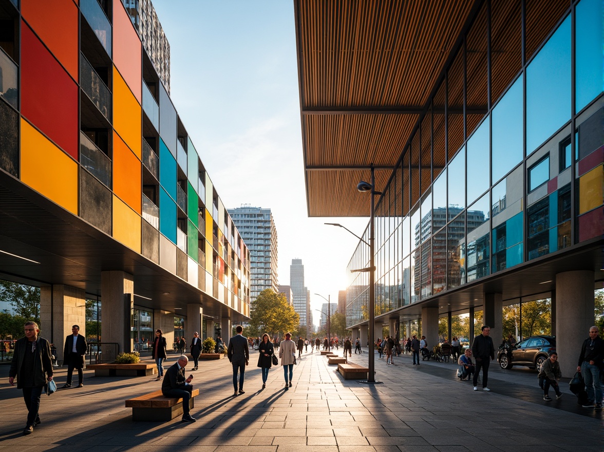 Prompt: Vibrant tram station, modern architecture, colored glass facades, geometric patterns, urban landscape, busy streets, morning rush hour, natural light pouring in, reflective surfaces, steel beams, wooden benches, urban furniture, dynamic shapes, futuristic atmosphere, soft warm lighting, shallow depth of field, 3/4 composition, panoramic view, realistic textures, ambient occlusion.