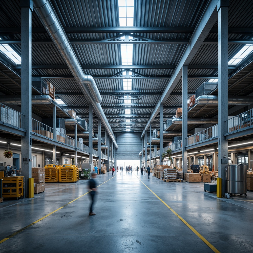 Prompt: Industrial distribution center, fusion architecture, metallic fa\u00e7ade, LED lighting, angular lines, modern machinery, automated storage systems, concrete flooring, steel beams, exposed ductwork, functional minimalism, high ceilings, natural ventilation, abundant daylight, soft box lighting, 3/4 composition, shallow depth of field, realistic textures, ambient occlusion.