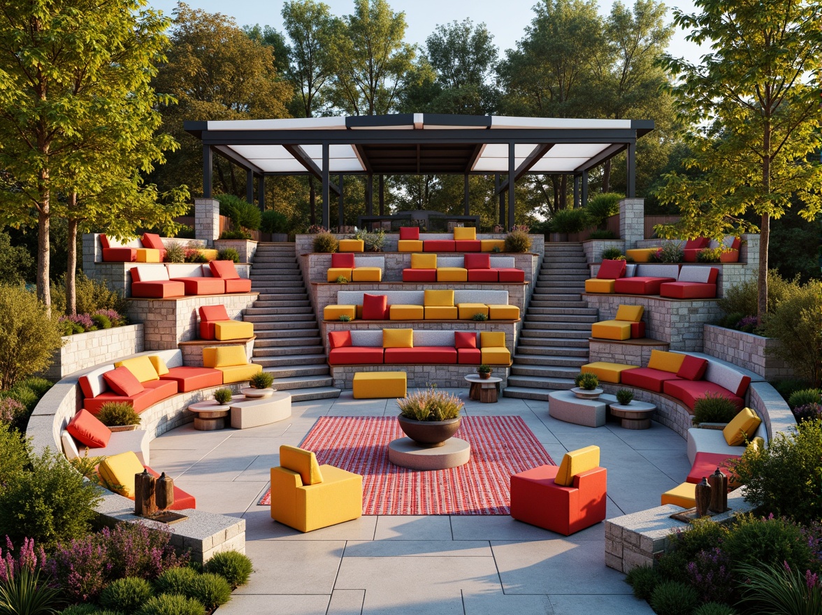 Prompt: Vibrant amphitheater seating arrangement, eclectic mix of colorful furniture, mismatched chairs, sofas, and stools, bold patterned rugs, lush greenery, wooden benches, stone steps, curved rows, asymmetrical layout, natural stone walls, modern steel framework, draped fabric canopies, soft warm lighting, dramatic shadows, 1/1 composition, realistic textures, ambient occlusion.