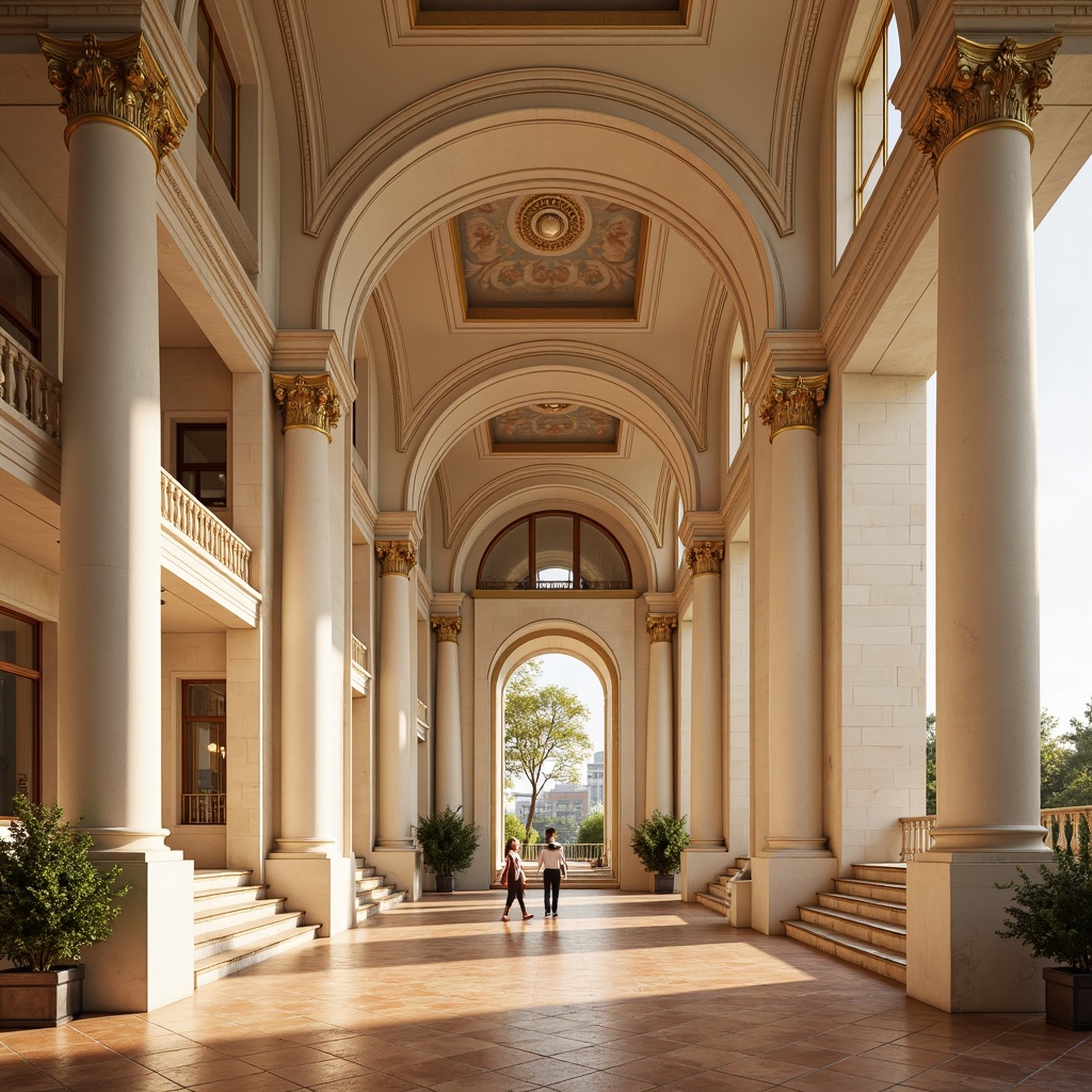 Prompt: Elegant neoclassical fa\u00e7ade, creamy white marble columns, ornate gold accents, subtle warm beige walls, richly patterned terracotta flooring, majestic arched windows, grand entrance halls, sweeping staircases, refined ornamental details, soft diffused natural light, warm golden hour illumination, shallow depth of field, 1/2 composition, symmetrical perspective, realistic textures, ambient occlusion.