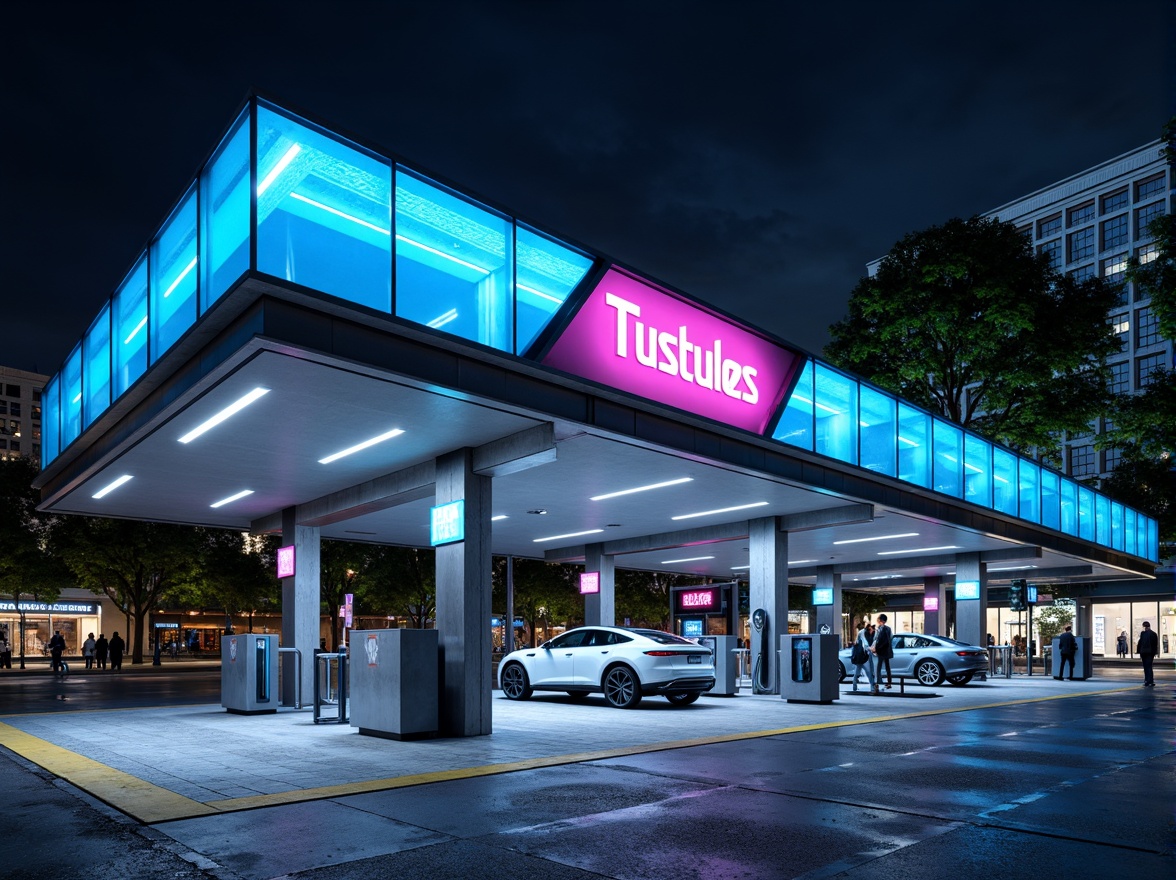 Prompt: Modern charging station, sleek metallic exterior, neon-lit signage, futuristic aesthetic, angular lines, minimalist design, high-tech equipment, electric vehicle parking spaces, urban cityscape, concrete pavement, steel beams, glass canopies, LED lighting, nighttime ambiance, shallow depth of field, 3/4 composition, panoramic view, realistic textures, ambient occlusion.