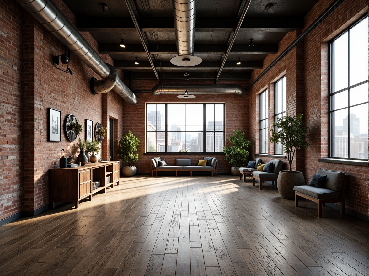 Prompt: Exposed brick walls, industrial metal beams, reclaimed wooden floors, distressed concrete textures, vintage manufacturing equipment, Edison bulb lighting, metallic color palette, urban cityscape views, converted warehouse spaces, modern minimalist decor, functional pipes and ducts, exposed mechanical systems, brutalist architectural style, raw unfinished materials, gritty urban atmosphere, high ceilings, large windows, natural light pouring in, shallow depth of field, 3/4 composition, realistic textures.