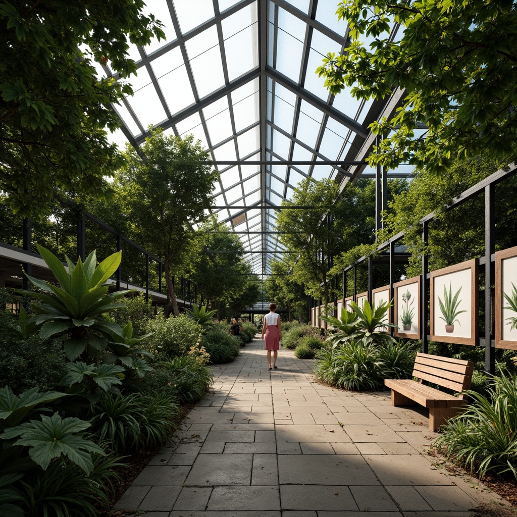 Prompt: Geometric greenhouse, lush tropical plants, natural stone pathways, wooden benches, educational signs, vintage botanical prints, industrial metal frames, reclaimed wood accents, earthy color palette, soft diffused lighting, shallow depth of field, 1/2 composition, intimate close-up shots, realistic textures, ambient occlusion.