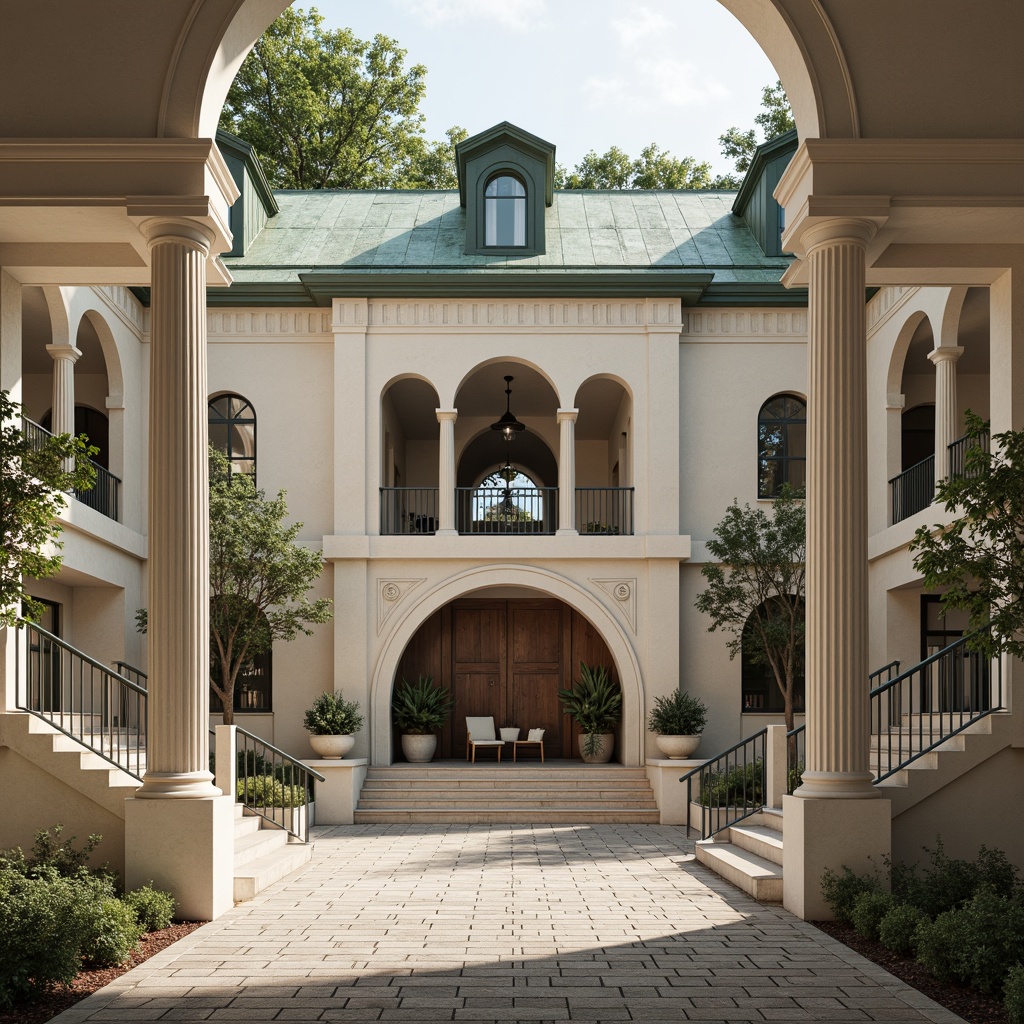 Prompt: Ivory stone columns, ornate archways, majestic entrance gates, rusticated base walls, symmetrical fa\u00e7ade composition, neoclassical architecture, grand staircases, elegant lanterns, verdant green roofs, weathered copper roofing, intricate stone carvings, subtle color palette, natural light pouring through clerestory windows, high-contrast shadowing, 1/2 composition, dramatic backlighting, realistic brick textures, ambient occlusion.