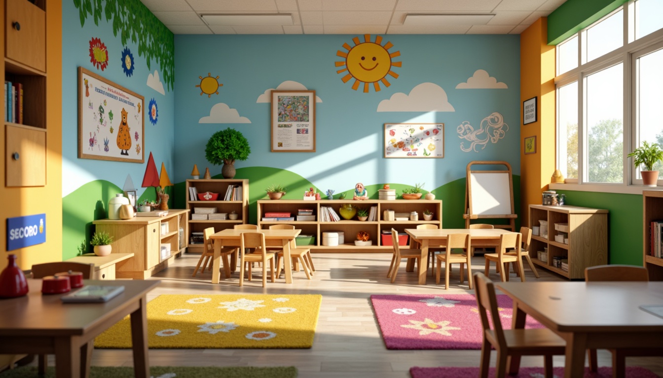 Prompt: Vibrant kindergarten classroom, bright primary colors, playful wall murals, educational posters, interactive whiteboards, colorful rug patterns, wooden tables, ergonomic chairs, abundant natural light, warm cozy atmosphere, shallow depth of field, 1/1 composition, softbox lighting, realistic textures, ambient occlusion.