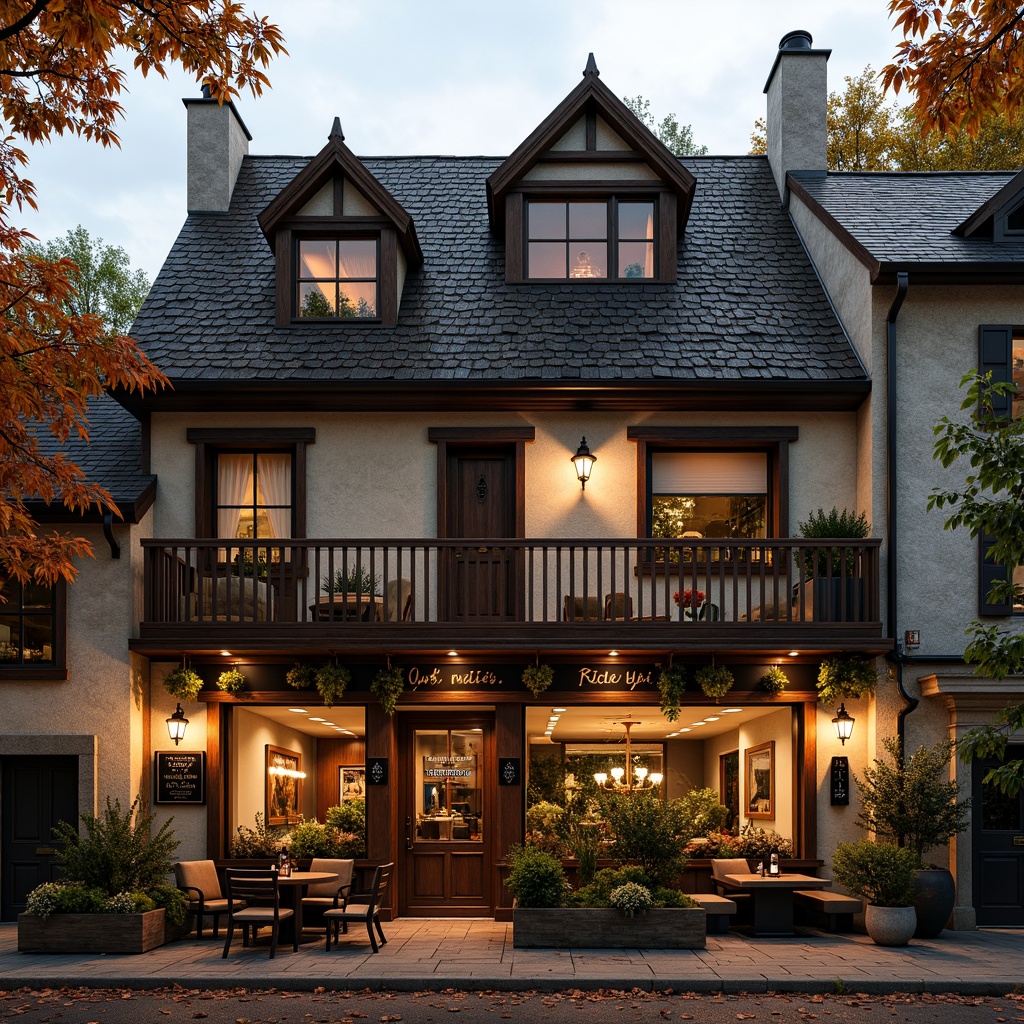 Prompt: Rustic pub facade, traditional regionalism style, earthy tones, wooden accents, ornate stonework, steeply pitched roofs, dormer windows, charming shutters, cozy outdoor seating, lantern-style lighting, warm golden illumination, autumnal foliage, scenic countryside views, natural stone walls, distressed wood textures, nostalgic atmosphere, symmetrical composition, realistic material renderings.