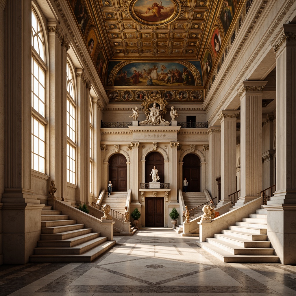 Prompt: Grandiose Neoclassical building facade, ornate columns, carved stone details, symmetrical composition, rusticated base, pedimented windows, pilasters, arched entranceways, grand staircases, polished marble floors, intricate moldings, gilded decorations, classical statues, vibrant frescoes, warm golden lighting, shallow depth of field, 1/2 composition, realistic textures, ambient occlusion.