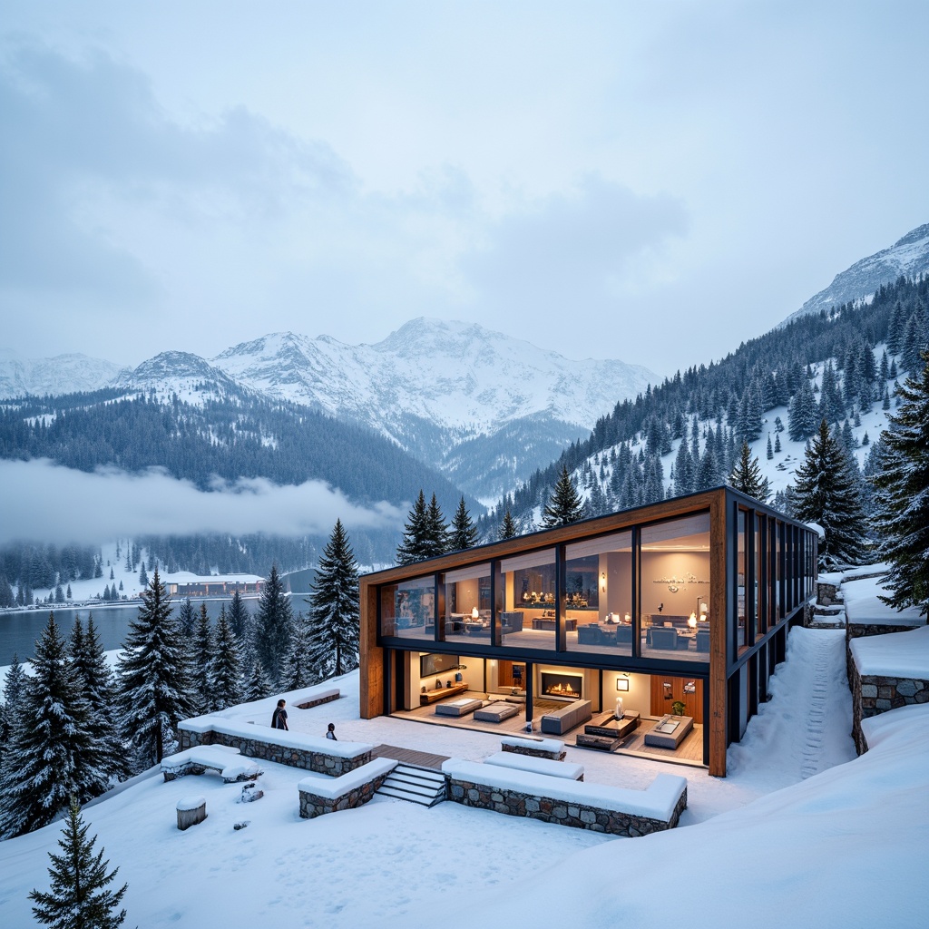 Prompt: Snow-capped mountains, frosty winter morning, sleek modern ski center, angular wooden facade, large glass windows, minimalist metal frames, snowflake-inspired patterns, icy blue accents, warm wooden interiors, cozy fireplaces, rustic stone walls, snow-covered roofs, frozen lake views, misty foggy atmosphere, shallow depth of field, 1/1 composition, panoramic view, realistic textures, ambient occlusion.