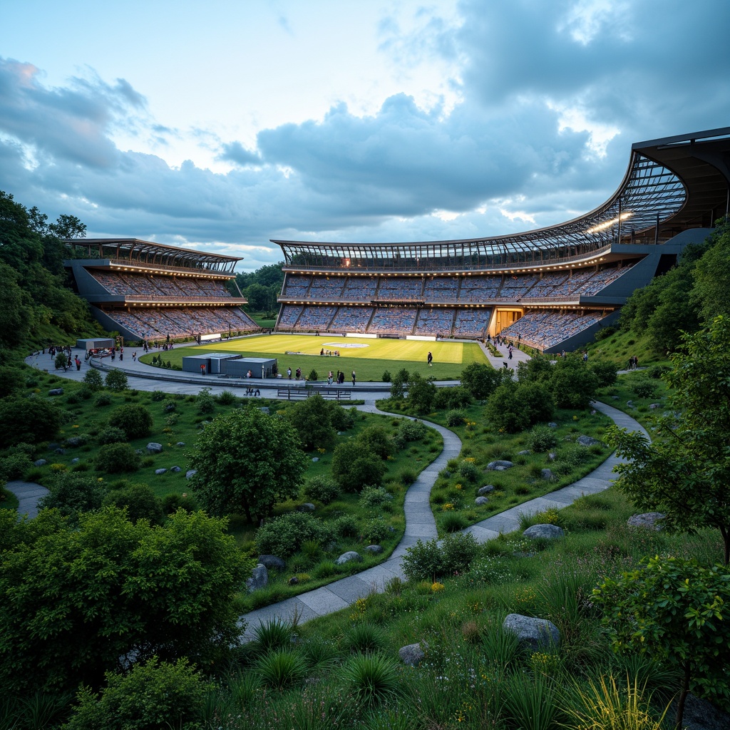 Prompt: Vibrant green hills, winding trails, natural stone seating, panoramic views, futuristic stadium architecture, curved lines, dynamic shapes, cantilevered roofs, transparent glass fa\u00e7ades, sleek metal beams, modern LED lighting, lush vegetation integration, elevated walkways, grand entrance gates, dramatic evening lighting, shallow depth of field, 3/4 composition, realistic textures, ambient occlusion.