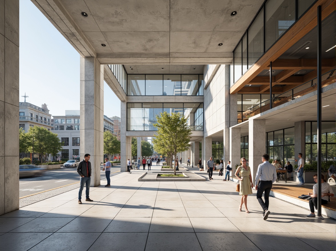 Prompt: Minimalist public building, clean lines, simple shapes, industrial materials, exposed concrete, metal frames, large windows, urban landscape, busy streets, natural stone flooring, wooden accents, neutral color palette, subtle textures, soft box lighting, shallow depth of field, 1/1 composition, realistic reflections, ambient occlusion.