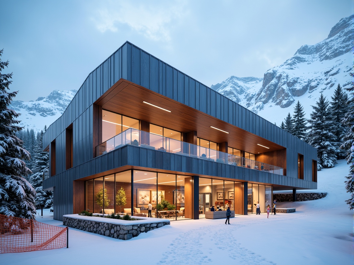 Prompt: Snow-capped mountain peaks, frosty winter air, modern ski center, sleek metal fa\u00e7ade, angular lines, minimalist design, large glass windows, sliding doors, wooden accents, warm interior lighting, rustic stone walls, snowflake-inspired patterns, vibrant orange safety nets, adrenaline-fueled atmosphere, dynamic slope views, 3/4 composition, shallow depth of field, realistic textures, ambient occlusion.