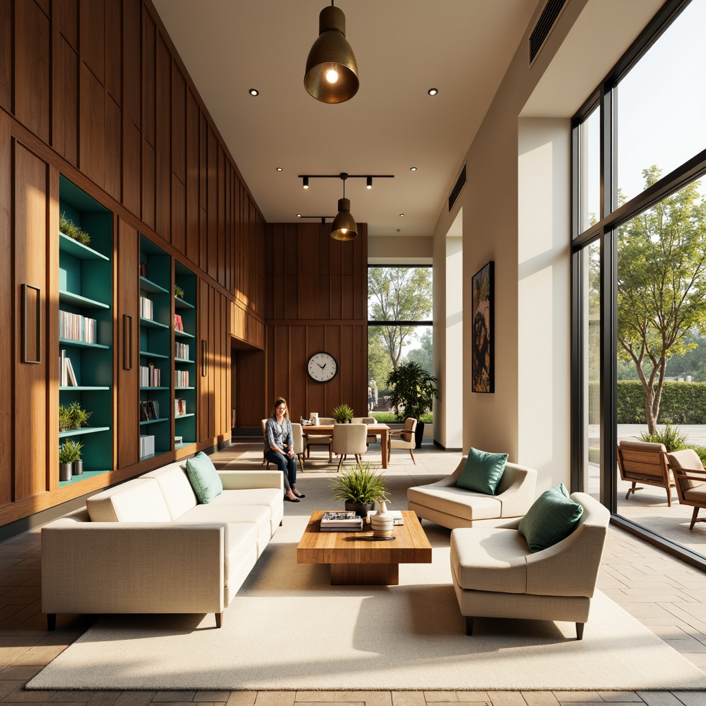 Prompt: Sophisticated library interior, warm beige walls, rich walnut wood accents, comfortable seating areas, vibrant turquoise shelves, elegant bronze lighting fixtures, subtle cream-colored carpets, natural stone flooring, minimalist modern architecture, floor-to-ceiling windows, abundant natural light, soft warm atmosphere, shallow depth of field, 1/1 composition, realistic textures, ambient occlusion.