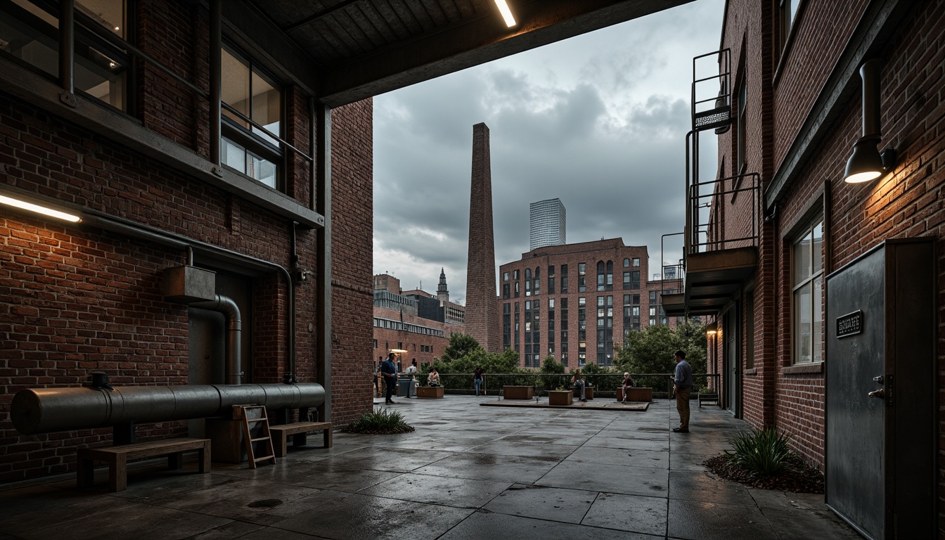 Prompt: Rustic industrial landscape, worn brick walls, metallic pipes, distressed concrete floors, reclaimed wood accents, exposed ductwork, mechanical equipment, urban cityscape, moody overcast sky, dramatic backlighting, high contrast ratio, 1/2 composition, cinematic atmosphere, gritty textures, ambient noise, avant-garde architecture, functional design, utilitarian aesthetic, brutalist influence, industrial heritage preservation.