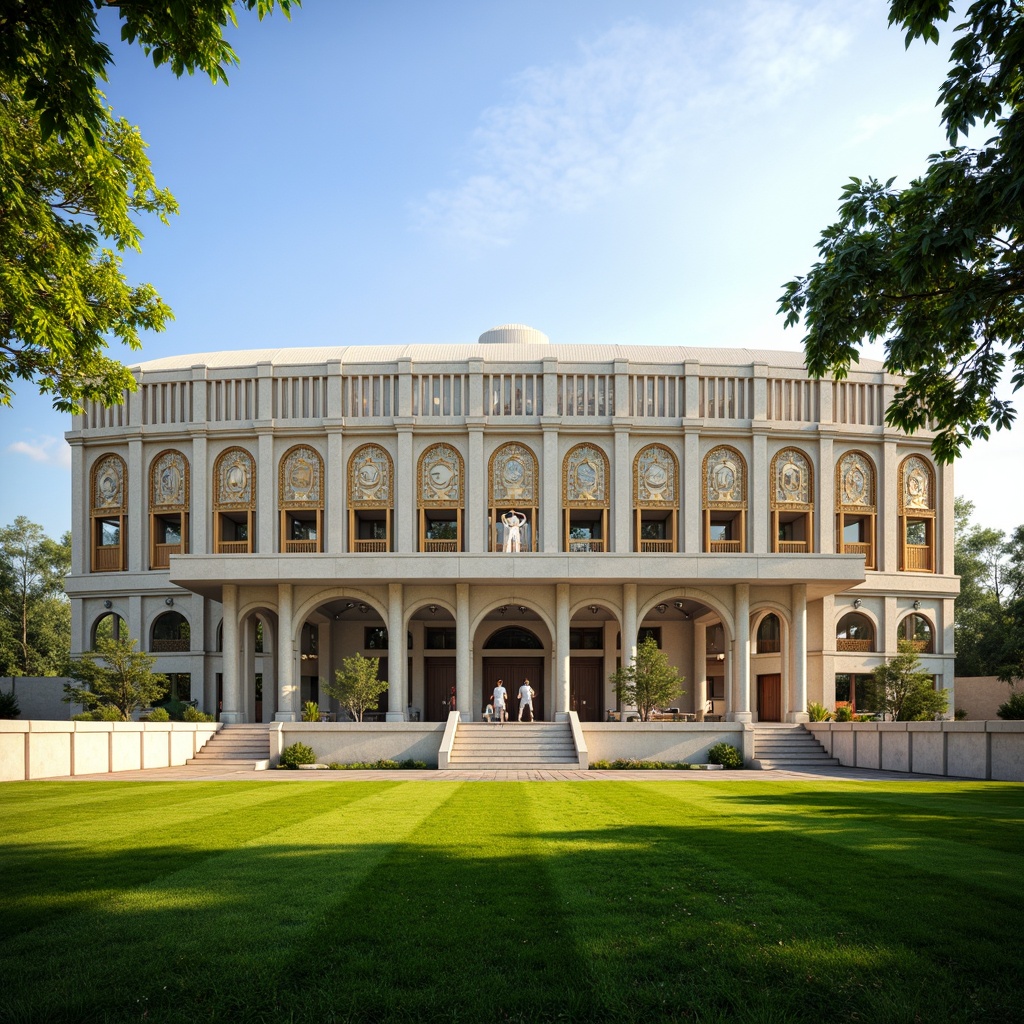 Prompt: Grandiose soccer stadium, ornate facades, neoclassical arches, ionic columns, intricate carvings, golden ornaments, majestic entrance gates, symmetrical composition, vibrant green grass, lush surrounding landscapes, sunny afternoon, soft warm lighting, shallow depth of field, 3/4 composition, panoramic view, realistic textures, ambient occlusion, marble statues, bronze sculptures, regal box seats, elegant VIP lounges.