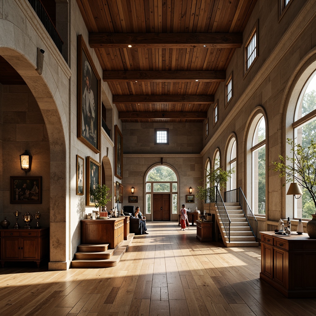 Prompt: Renaissance gymnasium, classical arches, ornate columns, rustic stone walls, vaulted ceilings, grand entrance hallways, sweeping staircases, wooden floorboards, vintage athletic equipment, historic trophies, nostalgic memorabilia, warm natural light, soft diffused shadows, 1/2 composition, shallow depth of field, realistic textures, ambient occlusion.