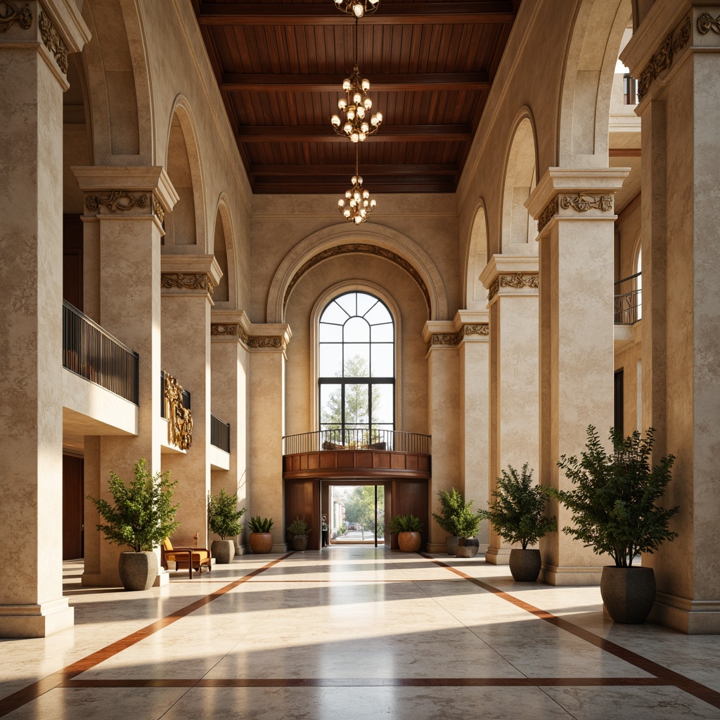 Prompt: Elegant gymnasium interior, Renaissance-inspired columns, ornate capitals, rich wood accents, polished marble floors, grand chandeliers, high ceilings, large arched windows, natural light pouring in, warm beige tones, soft diffused lighting, 1/2 composition, symmetrical framing, detailed textures, ambient occlusion.