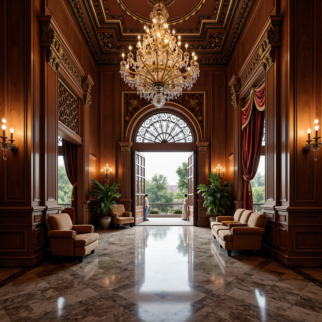 Prompt: Luxurious mansion, grand entrance, ornate doors, intricate carvings, lavish furnishings, crystal chandeliers, marble floors, velvet drapes, gilded frames, decorative moldings, sculpted facades, Baroque-inspired architecture, rich wood tones, metallic accents, opulent textiles, dramatic lighting, shallow depth of field, 1/2 composition, warm color palette, realistic reflections.