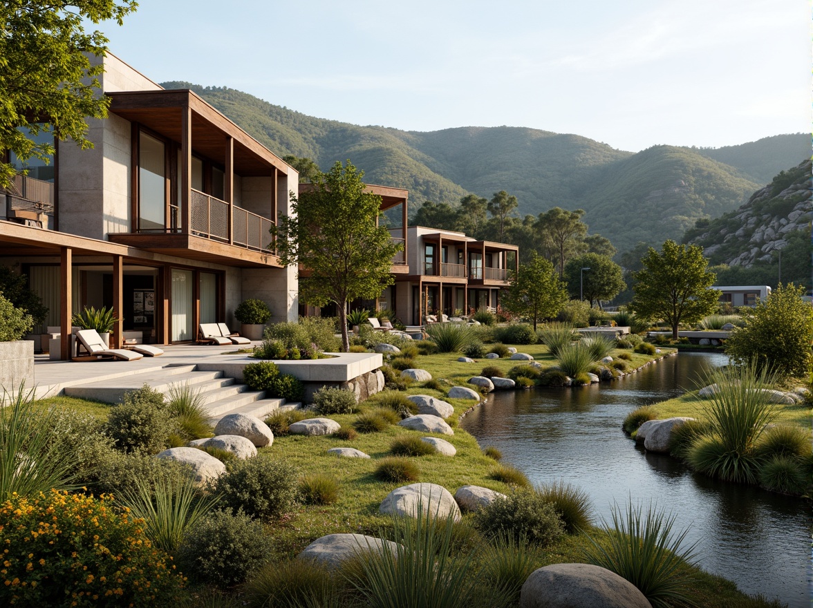 Prompt: Harmonious landscape integration, rolling hills, lush greenery, meandering water features, natural stone walls, wooden decks, cantilevered roofs, large overhangs, floor-to-ceiling windows, sliding glass doors, seamless indoor-outdoor transitions, organic building forms, earthy color palette, weathered steel accents, reclaimed wood textures, native plant species, seasonal blooming flowers, warm sunny day, soft natural lighting, atmospheric perspective, 2/3 composition, symmetrical balance, realistic material rendering.