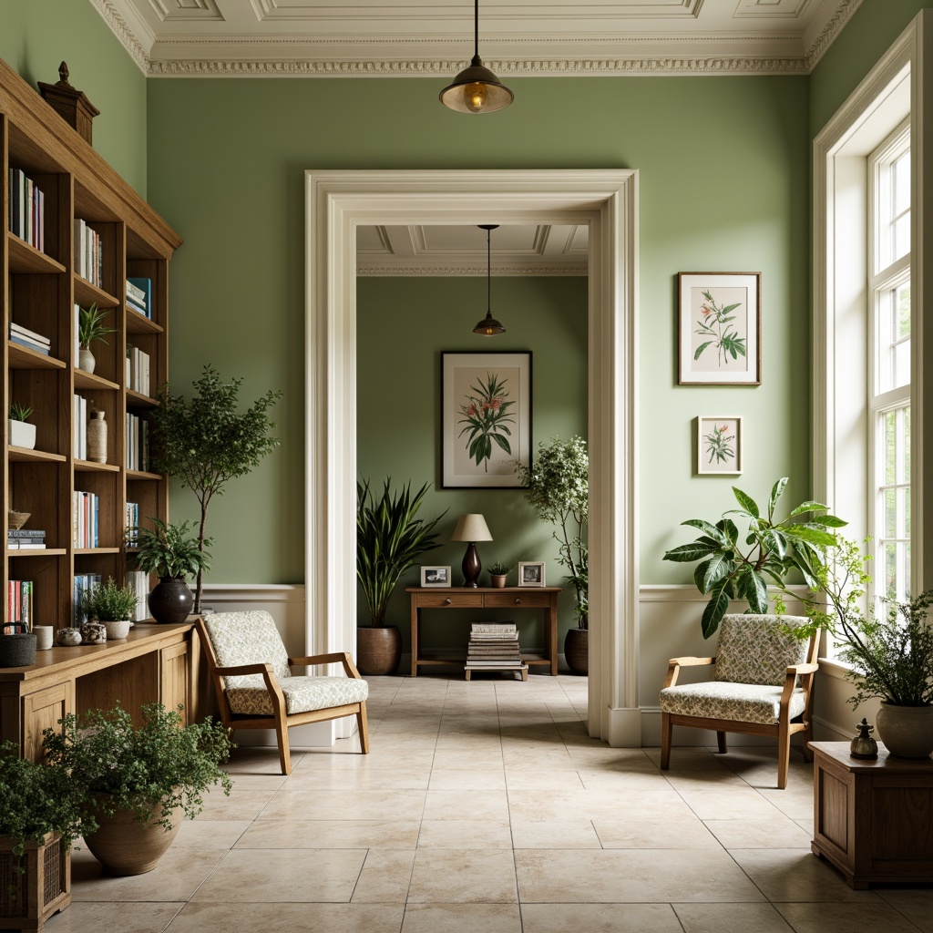 Prompt: Soft pale green walls, creamy white trim, warm beige floors, natural wood accents, elegant gold fixtures, lush greenery, delicate floral patterns, vintage botanical prints, rustic metal lanterns, distressed wooden furniture, cozy reading nooks, soft warm lighting, shallow depth of field, 3/4 composition, intimate atmosphere, realistic textures, ambient occlusion.