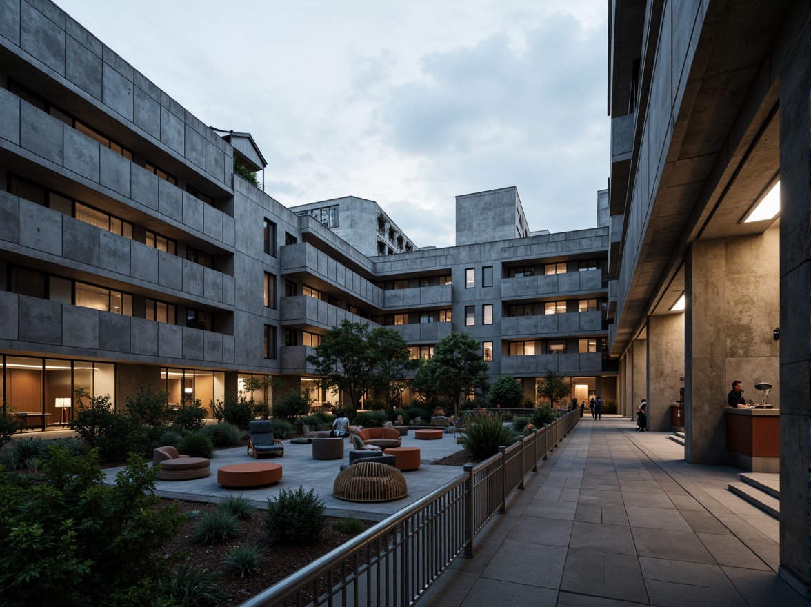 Prompt: Rugged university campus, brutalist architecture, raw concrete buildings, industrial-style lighting, exposed ductwork, minimalist decor, functional classrooms, collaborative study areas, modular furniture, sleek metal railings, urban cityscape, dense foliage, overcast skies, dramatic shadows, high-contrast lighting, 1/2 composition, wide-angle lens, realistic textures, ambient occlusion.