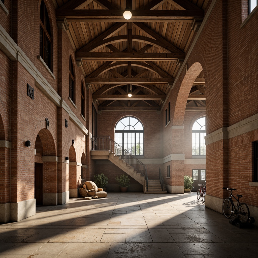 Prompt: Historical gymnasium, Renaissance-style arches, ornate stone carvings, grand entranceways, sweeping staircases, vaulted ceilings, rustic brick walls, wooden roof trusses, classical columns, symmetrical fa\u00e7ades, natural light pouring in, warm afternoon sunbeams, soft shadows, 1/1 composition, low-angle shot, atmospheric perspective, detailed textures, ambient occlusion.