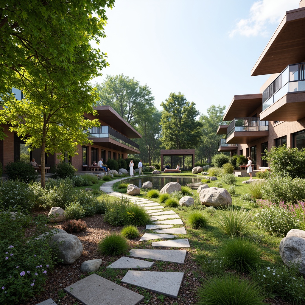 Prompt: Harmonious landscape integration, lush greenery, meandering pathways, natural stone walls, rustic wooden benches, vibrant flowerbeds, native plant species, serene water features, reflecting pools, modern architecture, sleek glass facades, minimalist design, cantilevered structures, shaded outdoor spaces, 3/4 composition, panoramic view, realistic textures, ambient occlusion.