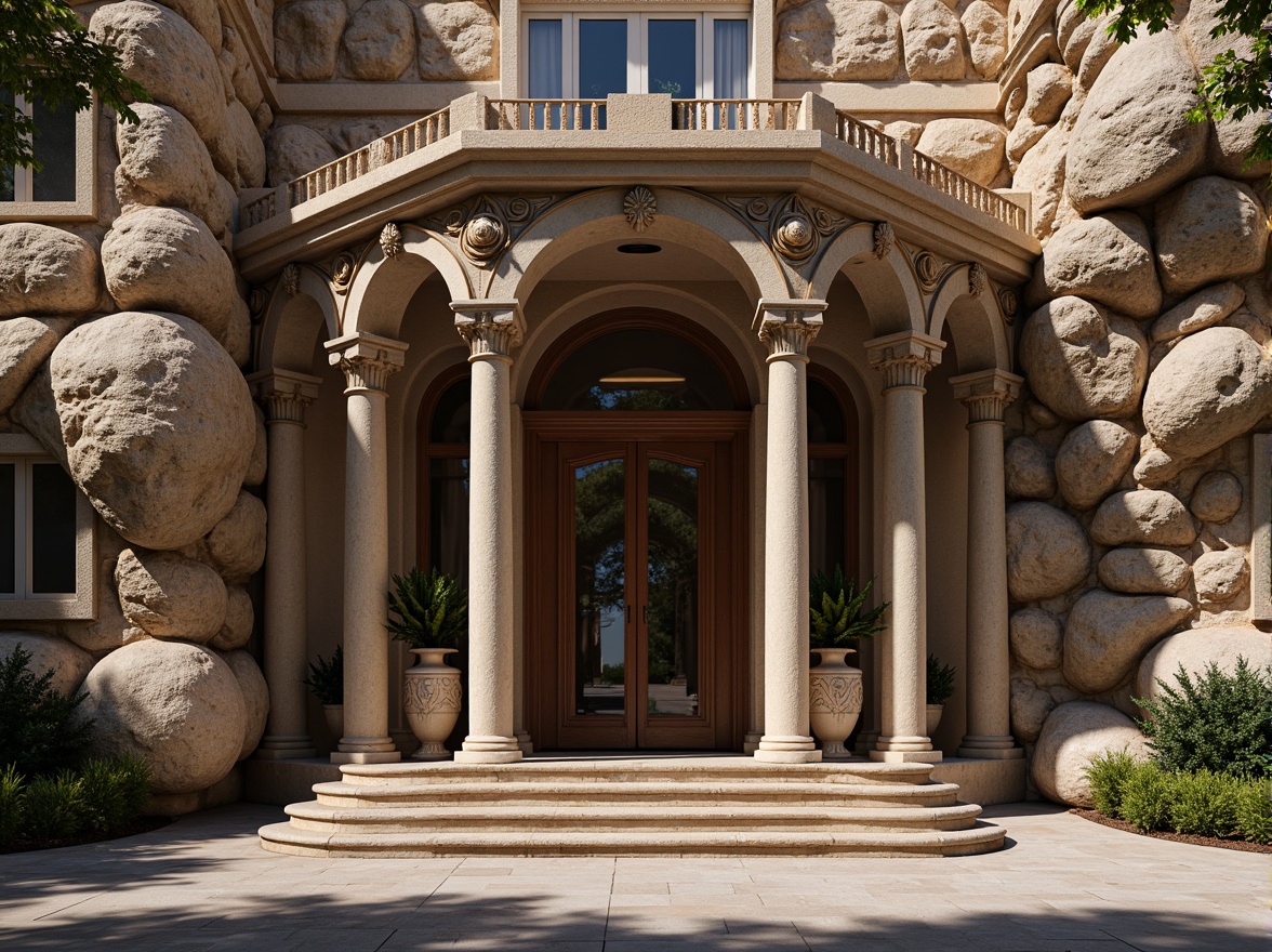 Prompt: Elegant building facade, ornate stonework details, richly textured granite, marble columns, intricate carvings, grand entranceways, rustic stone walls, natural rock formations, earthy color palette, ambient lighting, shallow depth of field, 1/1 composition, realistic textures, ambient occlusion.