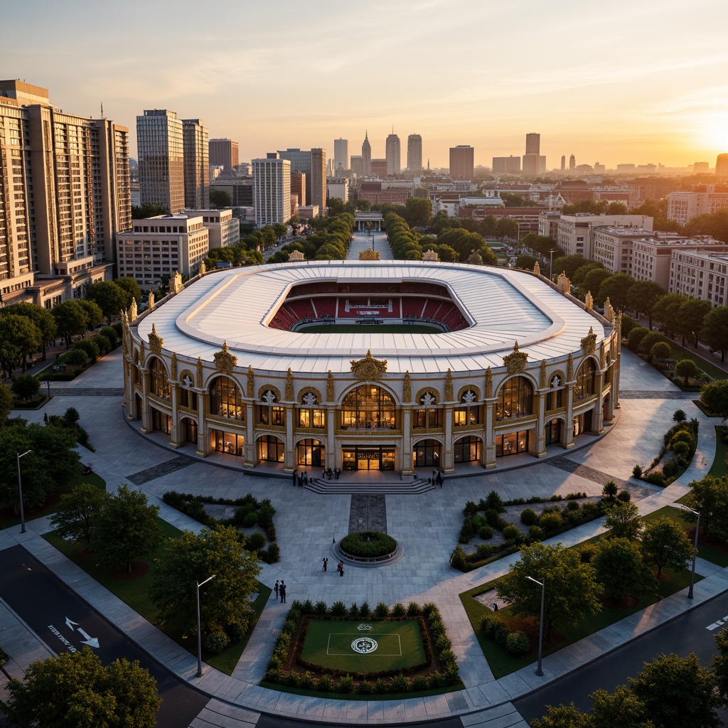 Prompt: Grandiose Baroque soccer stadium, ornate facade, golden accents, intricate stone carvings, symmetrical architecture, urban skyline, bustling city streets, modern skyscrapers, vibrant street art, pedestrian walkways, lush green spaces, evening sunset, warm golden lighting, shallow depth of field, 1/2 composition, realistic textures, ambient occlusion.