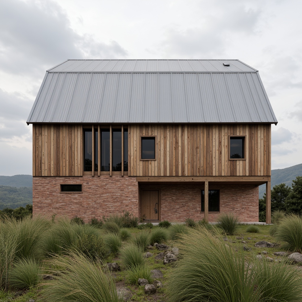 Prompt: Rustic barn, wooden accents, corrugated metal roofs, vertical boarding, minimalist windows, modern industrial chic, earthy tones, natural materials, exposed brick walls, steel beams, reclaimed wood textures, agricultural heritage, rural landscapes, rolling hills, cloudy skies, soft diffused lighting, 1/1 composition, symmetrical framing, authentic distressed finishes, weathered wooden cladding, functional simplicity.