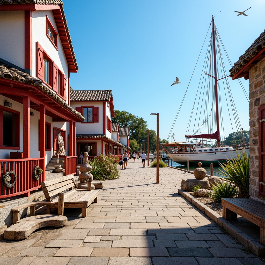 Prompt: Vibrant coastal village, rustic wooden docks, weathered ropes, sailing boats, seagulls flying, clear blue sky, warm sunny day, bold red accents, contrasting white walls, nautical-themed decorations, distressed wood textures, ocean-inspired color palette, sandy beach, driftwood sculptures, seaside promenade, shallow depth of field, 1/1 composition, natural lighting, realistic atmosphere.