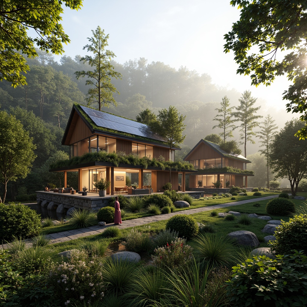 Prompt: Eco-friendly building, green roof, solar panels, living walls, natural stone fa\u00e7ade, wooden accents, large windows, biophilic design, organic shapes, earthy tones, lush vegetation, serene forest surroundings, misty morning atmosphere, soft warm lighting, shallow depth of field, 3/4 composition, panoramic view, realistic textures, ambient occlusion.