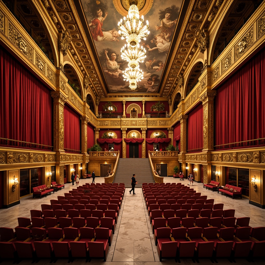 Prompt: Grand opera house interior, opulent chandeliers, velvet red curtains, gilded accents, ornate moldings, marble flooring, intricate frescoes, majestic staircases, lavish balconies, rich wood paneling, Baroque-inspired furnishings, warm golden lighting, soft focus, shallow depth of field, 1/2 composition, dramatic high contrast, luxurious textures, ambient occlusion.