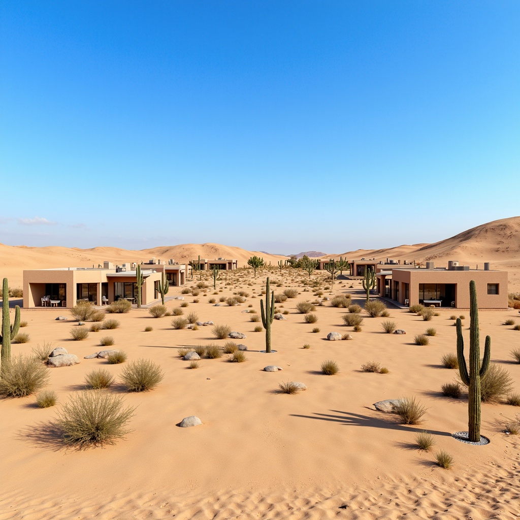 Prompt: Arid desert landscape, sandy dunes, cactus plants, hot sunny day, clear blue sky, vast open space, modern desert architecture, earth-toned buildings, thermal mass walls, insulated roofing, shaded windows, overhangs, louvers, wind catchers, evaporative cooling systems, misting systems, green roofs, solar shading devices, high-performance glazing, low-e glass, exterior insulation, radiant barrier systems, cool roof coatings, adobe-inspired structures, earthy color palette, natural ventilation, 3/4 composition, panoramic view, realistic textures, ambient occlusion.