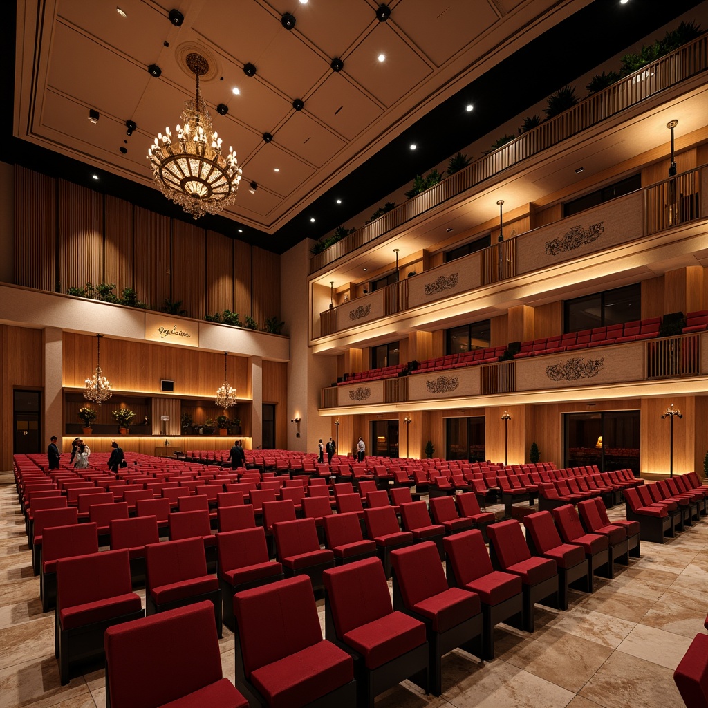 Prompt: Elegant concert hall, curved wooden walls, plush crimson seats, polished marble floors, grand chandeliers, dramatic stage lighting, ornate balconies, acoustic panels, sound-absorbing materials, diffused ceiling speakers, precise sound reflection, optimal reverberation time, intimate performance spaces, natural wood accents, luxurious velvet drapes, subtle ambient glow, warm spotlighting, 1/1 composition, shallow depth of field, realistic textures, soft focus background.