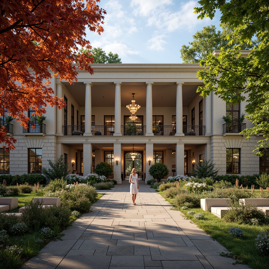 Prompt: Grand library entrance, ornate columns, symmetrical facade, manicured lawn, walking paths, seasonal flowers, tranquil water features, lush greenery, natural stone walls, marble floors, high ceilings, grand chandeliers, elegant reading rooms, comfortable seating areas, abundant natural light, soft warm lighting, shallow depth of field, 3/4 composition, panoramic view, realistic textures, ambient occlusion.